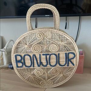Round Woven Bag with 'BONJOUR' Design